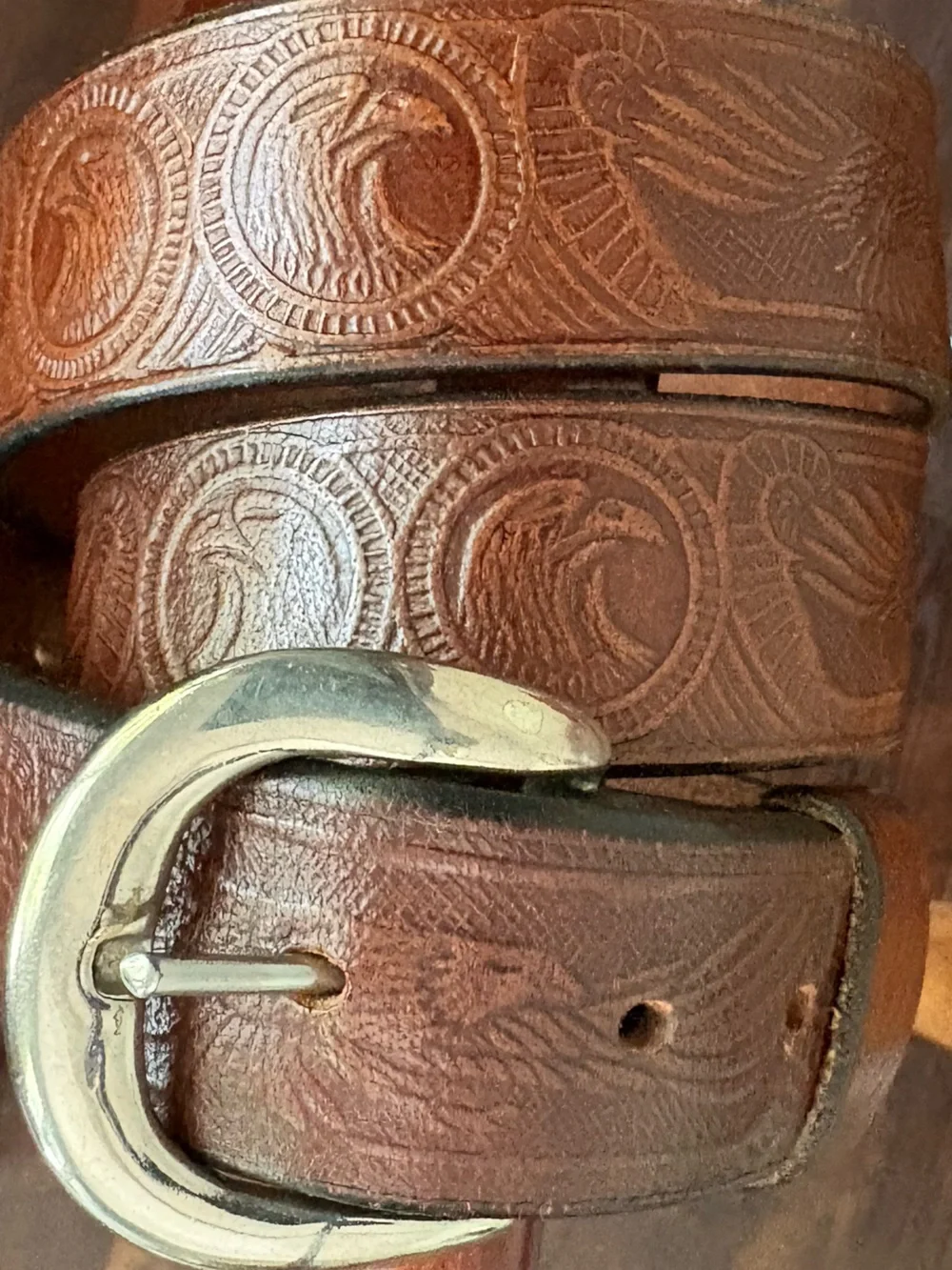 Vintage CL Handtooled Flying Eagle Western Patriotic Leather Belt Brown Sz 44